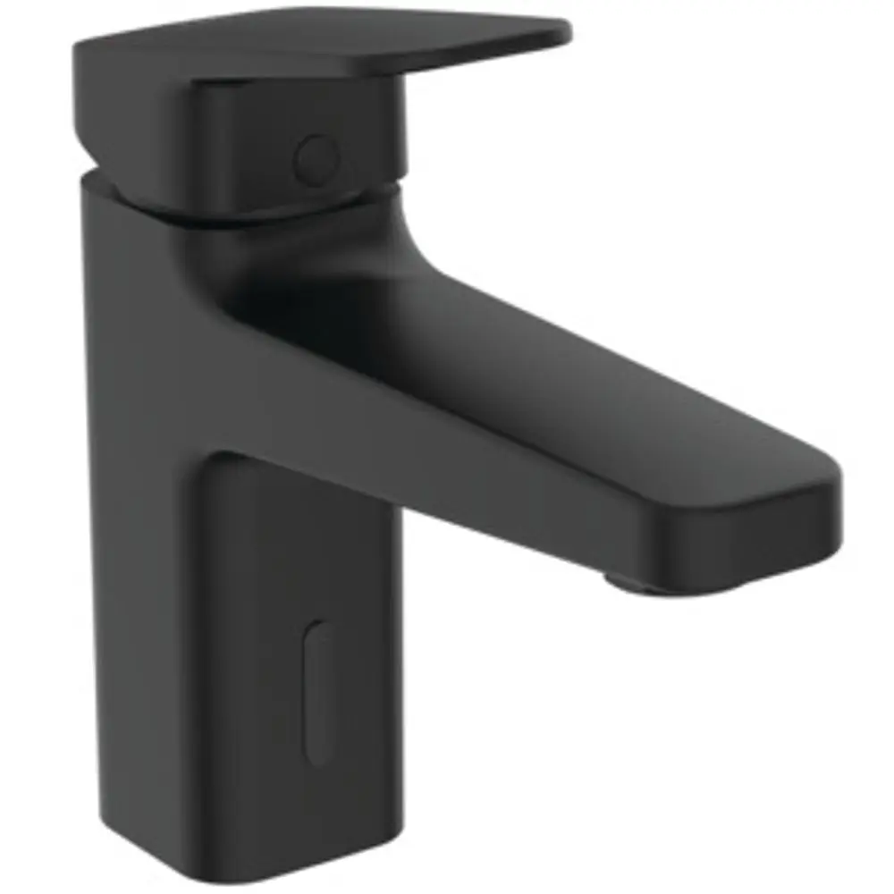 Schwarze Armatur mit einem senkrechten Wasserstrahl und einem Sensor. Ideal Standard Design, geeignet für moderne Badezimmeranwendungen.